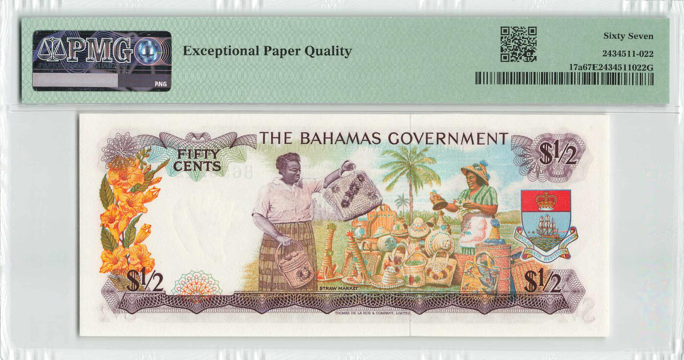 小福收藏拍卖第198期 评级币精选场  本期有菲律宾百位靓号100000比索超大纪念钞 苏里南25000盾花鸟版最高值 柬埔寨珍品56年50瑞尔 南越未发行版最高值打飞机  巴哈马彩背 老挝中国代印57年样钞 匈牙利 斯洛伐克 法罗群岛等多国精美高分珍稀老钞精品纸币 巴哈马 1965年 1/2元 早期版本彩背 无47 PMG67 EPQ 亚军分