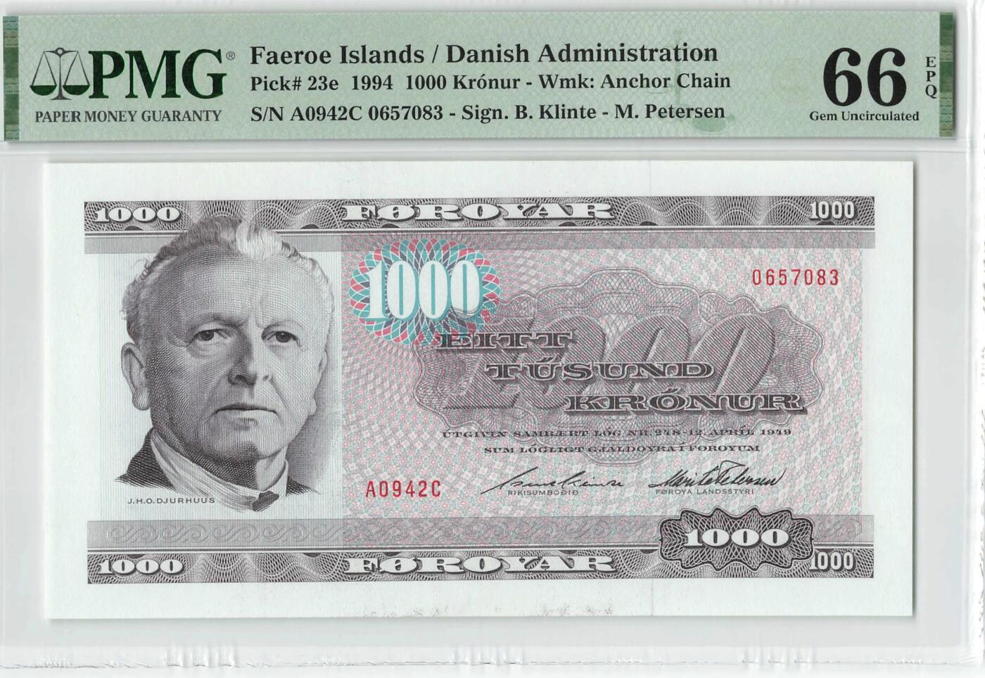 小福收藏拍卖第198期 评级币精选场  本期有菲律宾百位靓号100000比索超大纪念钞 苏里南25000盾花鸟版最高值 柬埔寨珍品56年50瑞尔 南越未发行版最高值打飞机  巴哈马彩背 老挝中国代印57年样钞 匈牙利 斯洛伐克 法罗群岛等多国精美高分珍稀老钞精品纸币 法罗群岛 1994年 1000克朗 最高值 A0冠 PMG66 EPQ