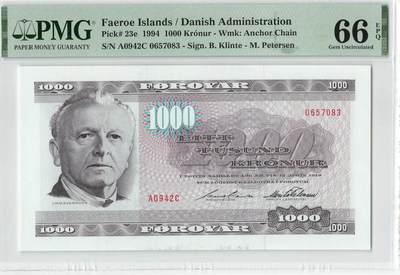 小福收藏拍卖第198期 评级币精选场  本期有菲律宾百位靓号100000比索超大纪念钞 苏里南25000盾花鸟版最高值 柬埔寨珍品56年50瑞尔 南越未发行版最高值打飞机  巴哈马彩背 老挝中国代印57年样钞 匈牙利 斯洛伐克 法罗群岛等多国精美高分珍稀老钞精品纸币 - 法罗群岛 1994年 1000克朗 最高值 A0冠 PMG66 EPQ