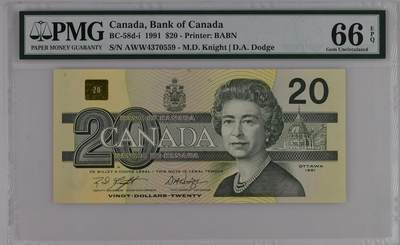 《艾美收藏》第226期-12.28周日外币精品场-蛇年收官 - 加拿大1991年20元PMG66E 经典鸟版 女王 BC-58d-i