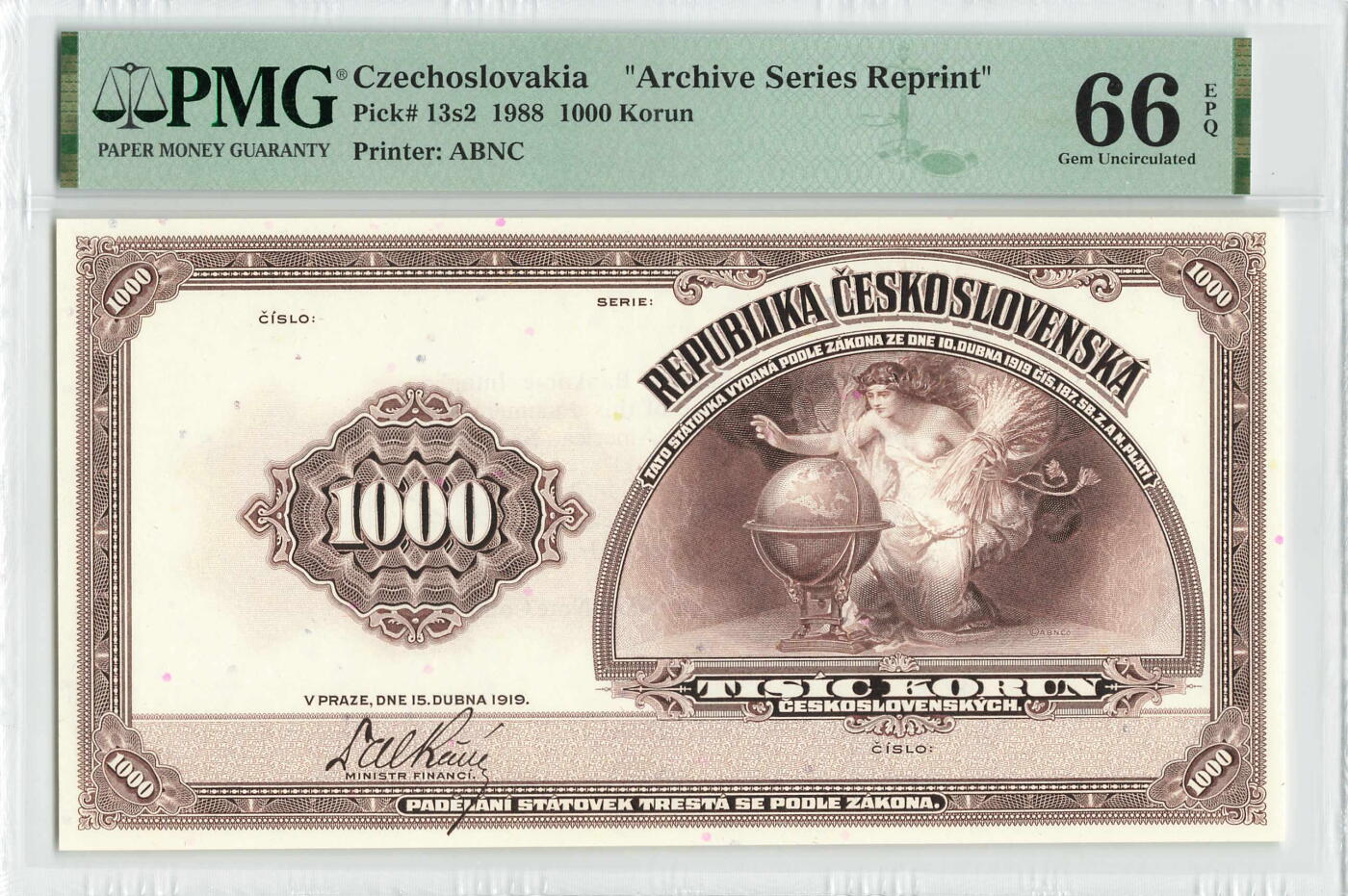 小福收藏拍卖第200期 【庆典场 中拍就有好礼相赠】评级币精选场 本期有捷克斯洛伐克20年100克朗慕夏作品大珍 69分倒置百位号布隆迪世界最大纸币  35年版加拿大经典 苏格兰格拉斯哥大学500年纪念钞倒置小号 卡塔尔80年100里亚尔冠军分 美国教育券 意大利拉斐尔 乌克兰 库克群岛 墨西哥 南斯拉夫 亚美尼亚等多国精美高分珍稀老钞精品纸币 捷克斯洛伐克 1988年 1000克朗 档案系列重印 少见 美国银行纸币公司印刷 PMG66 EPQ 亚军分