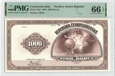 小福收藏拍卖第200期 【庆典场 中拍就有好礼相赠】评级币精选场 本期有捷克斯洛伐克20年100克朗慕夏作品大珍 69分倒置百位号布隆迪世界最大纸币  35年版加拿大经典 苏格兰格拉斯哥大学500年纪念钞倒置小号 卡塔尔80年100里亚尔冠军分 美国教育券 意大利拉斐尔 乌克兰 库克群岛 墨西哥 南斯拉夫 亚美尼亚等多国精美高分珍稀老钞精品纸币 - 捷克斯洛伐克 1988年 1000克朗 档案系列重印 少见 美国银行纸币公司印刷 PMG66 EPQ 亚军分