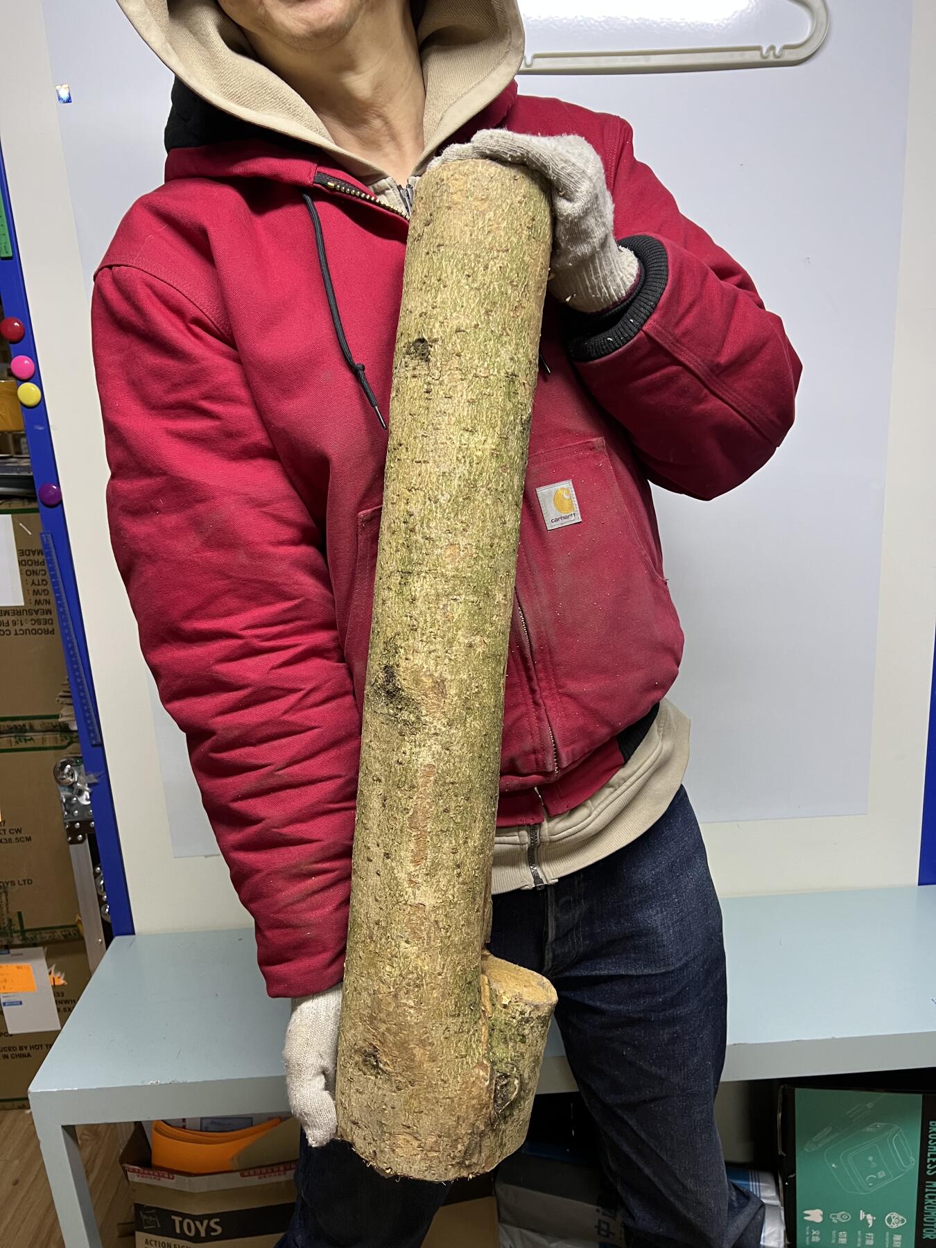 零元拍： 1225-2金丝楠 原木 风水柱 横财（材）带皮， 尺寸：67/9.5/19/14.5CM。抛光后金灿灿满香。最后图为成品效果