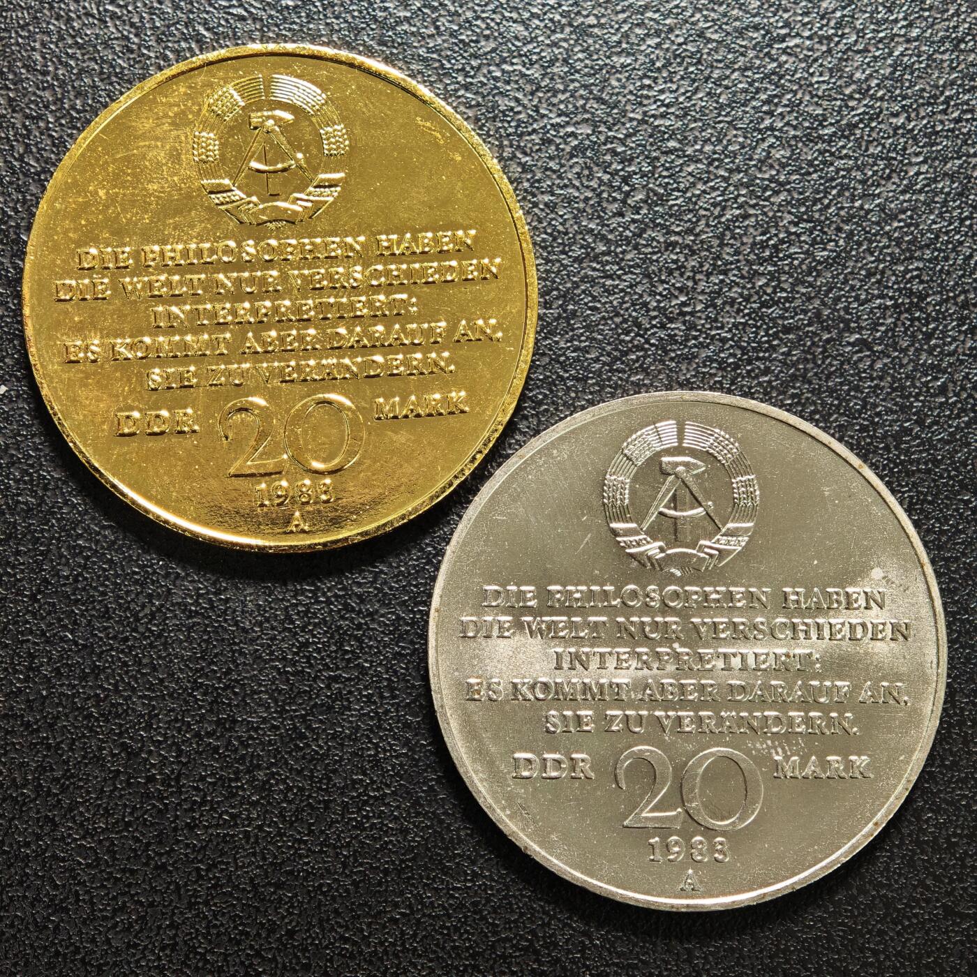 【德藏】世界币章拍卖第159期(元旦专场拍卖) 2枚一组 1983年 东德马克思逝世百年20马克纪念镍币 品相极佳