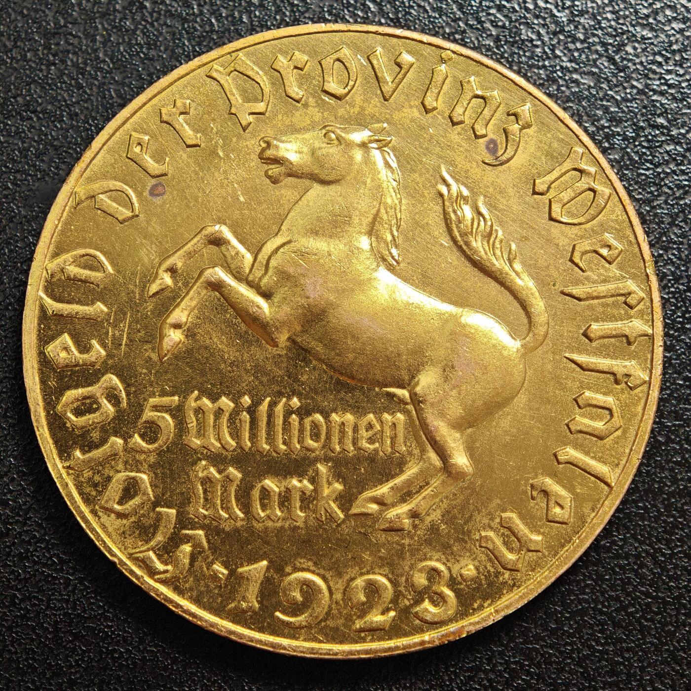 【德藏】世界币章拍卖第159期(元旦专场拍卖) 1923年 德国德紧威斯特法伦5百万马克马币镀金铜币 金水十足 直径约：43.9mm；重约：33.8g