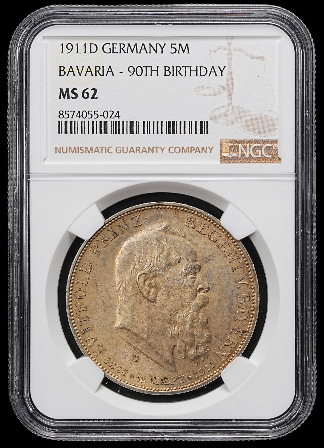 修遠堂世界钱币第九十九期 NGC MS62 1911年巴伐利亚摄政王90大寿纪念5马克大银币