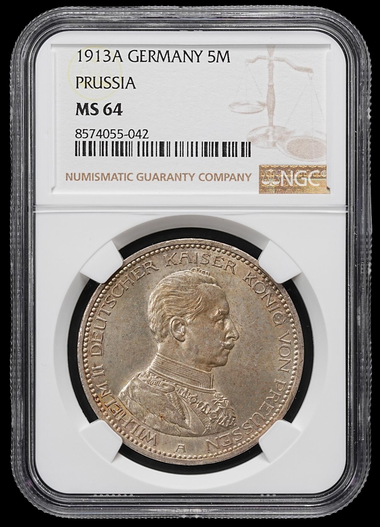 修遠堂世界钱币第九十九期 NGC MS64 1913年威廉二世军装5马克大银币 流通版5马克MS不多见