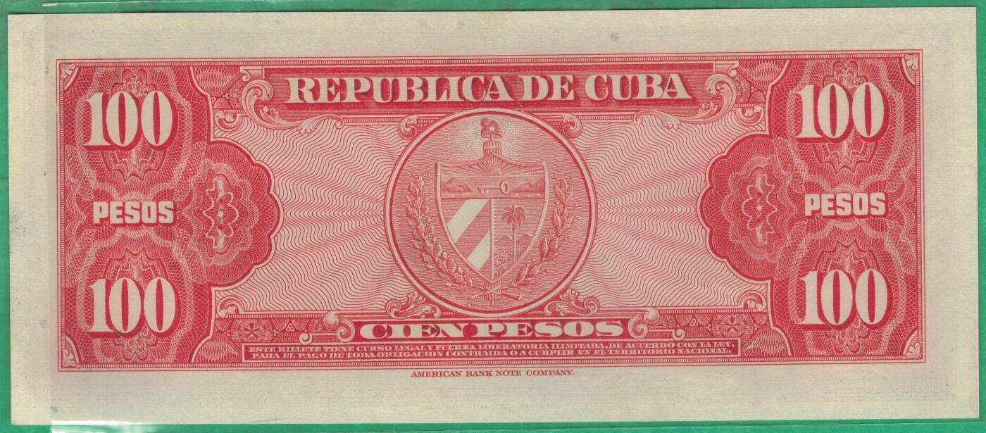 古巴1959年100比索 P-93a 美钞公司印 实物图 UNC