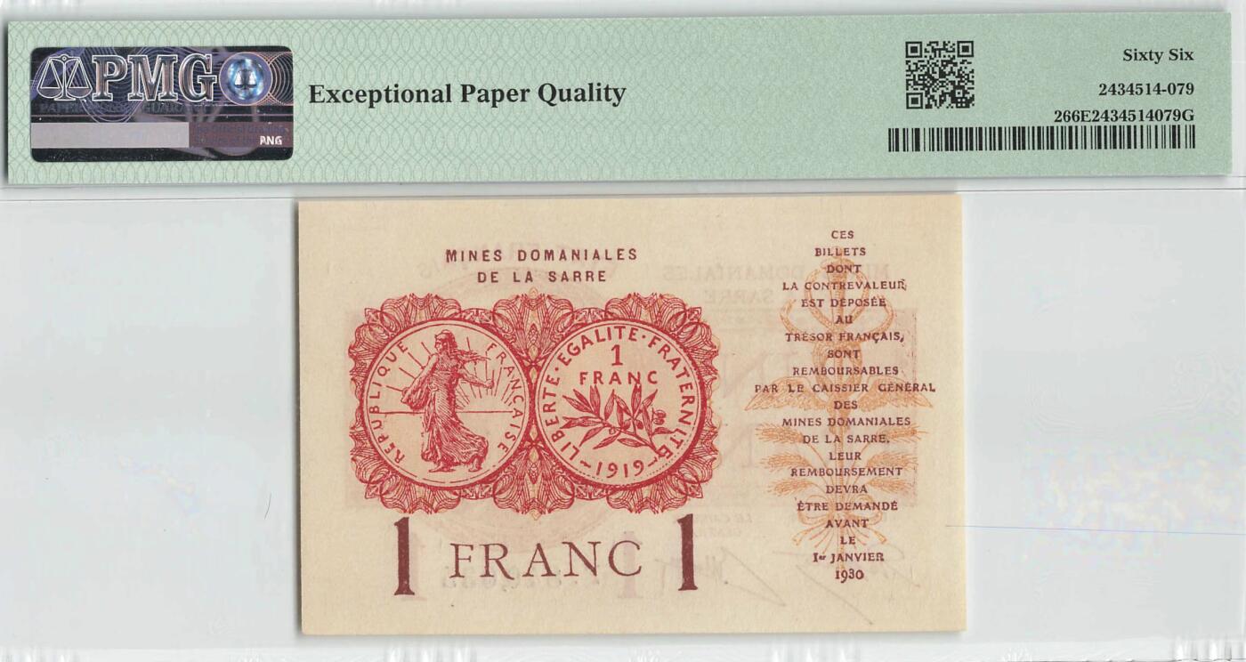 小福收藏拍卖第198期 评级币精选场  本期有菲律宾百位靓号100000比索超大纪念钞 苏里南25000盾花鸟版最高值 柬埔寨珍品56年50瑞尔 南越未发行版最高值打飞机  巴哈马彩背 老挝中国代印57年样钞 匈牙利 斯洛伐克 法罗群岛等多国精美高分珍稀老钞精品纸币 萨尔 1919年 1法郎 PMG66 EPQ 唯2亚军分（冠军分仅1枚）