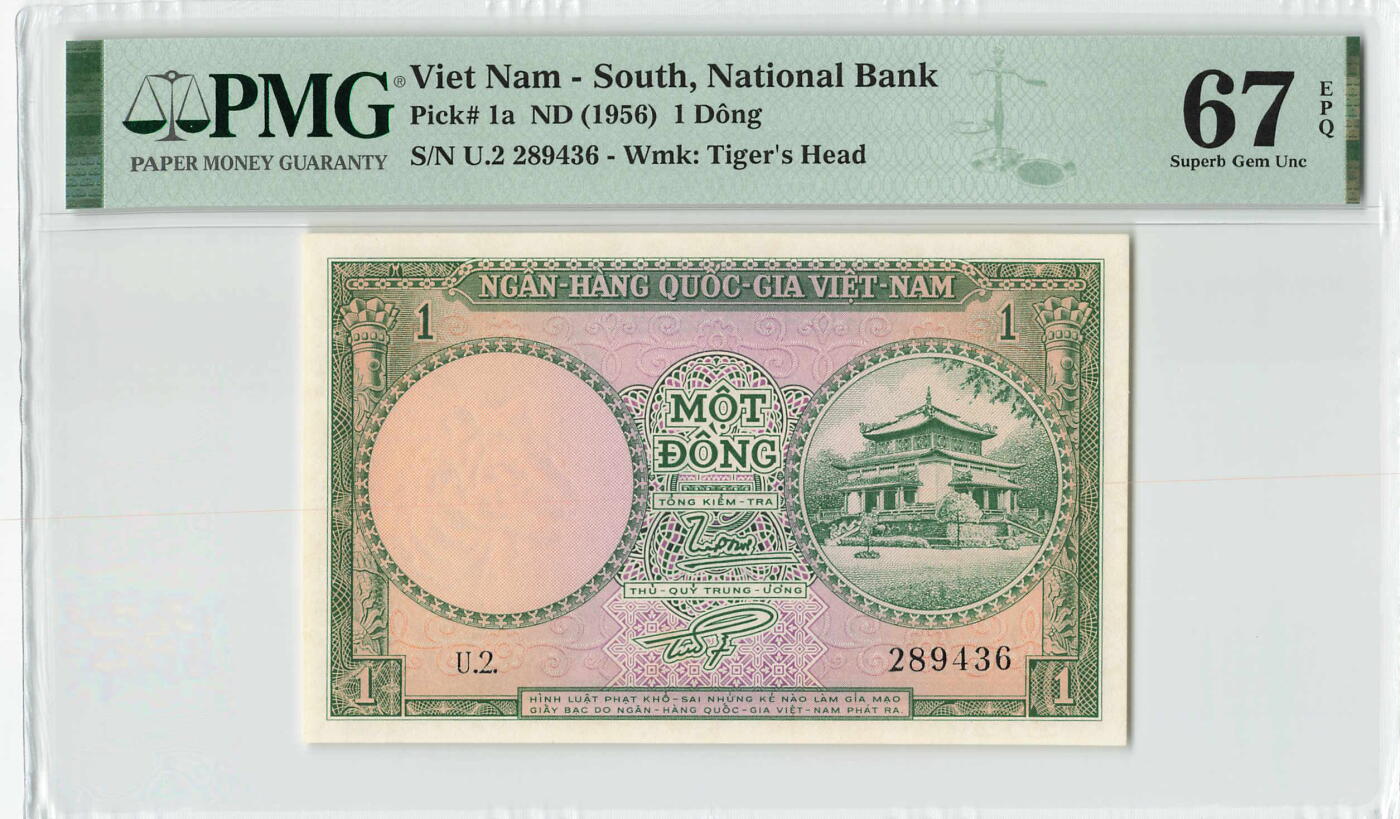 小福收藏拍卖第198期 评级币精选场  本期有菲律宾百位靓号100000比索超大纪念钞 苏里南25000盾花鸟版最高值 柬埔寨珍品56年50瑞尔 南越未发行版最高值打飞机  巴哈马彩背 老挝中国代印57年样钞 匈牙利 斯洛伐克 法罗群岛等多国精美高分珍稀老钞精品纸币 南越 1956年 1盾 PMG67 EPQ 亚军分