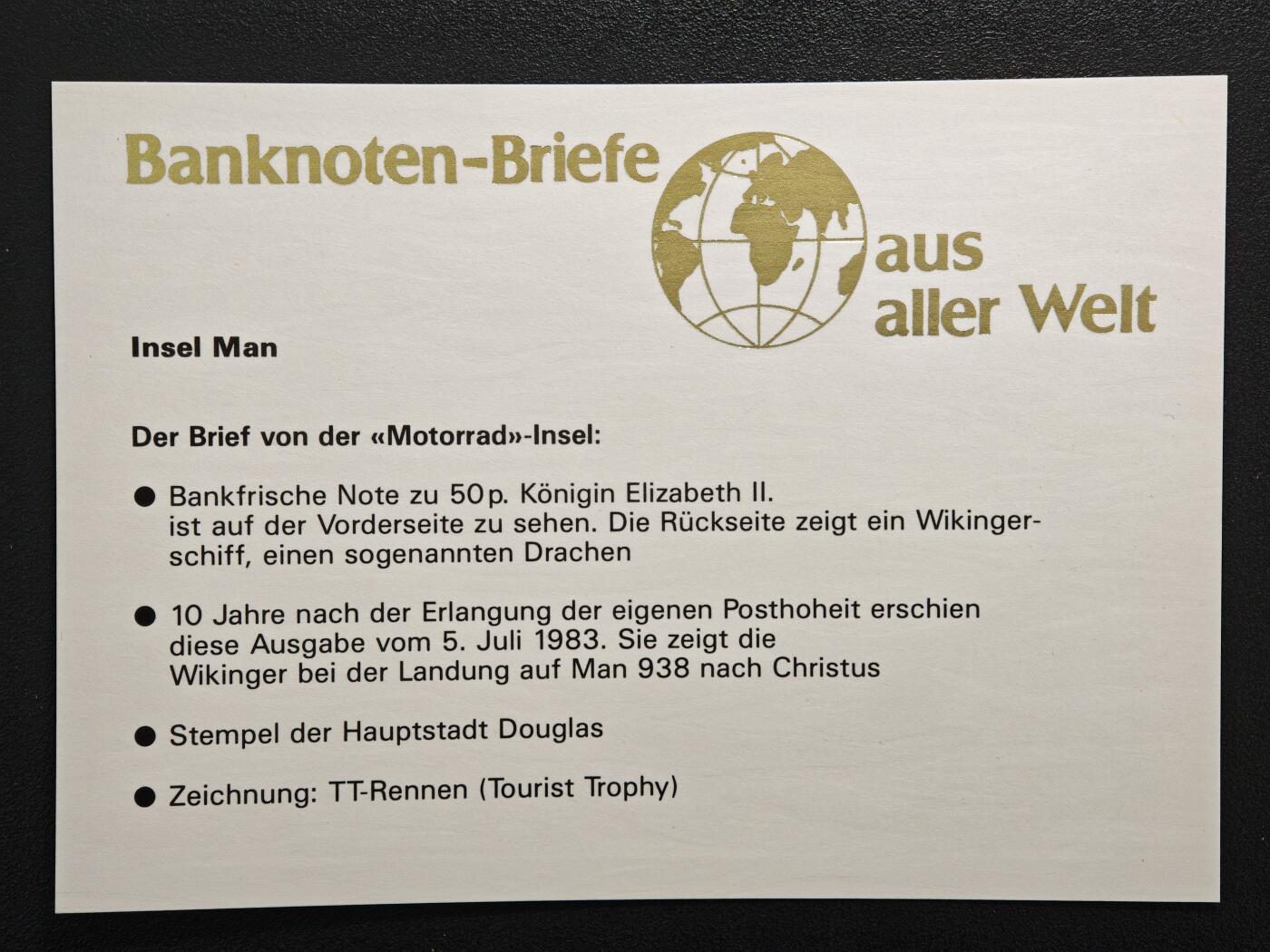 【德藏】世界币章拍卖第159期(元旦专场拍卖) 1983年 马恩岛“TT摩托车赛”主题纸币邮票纪念封 带藏品说明卡