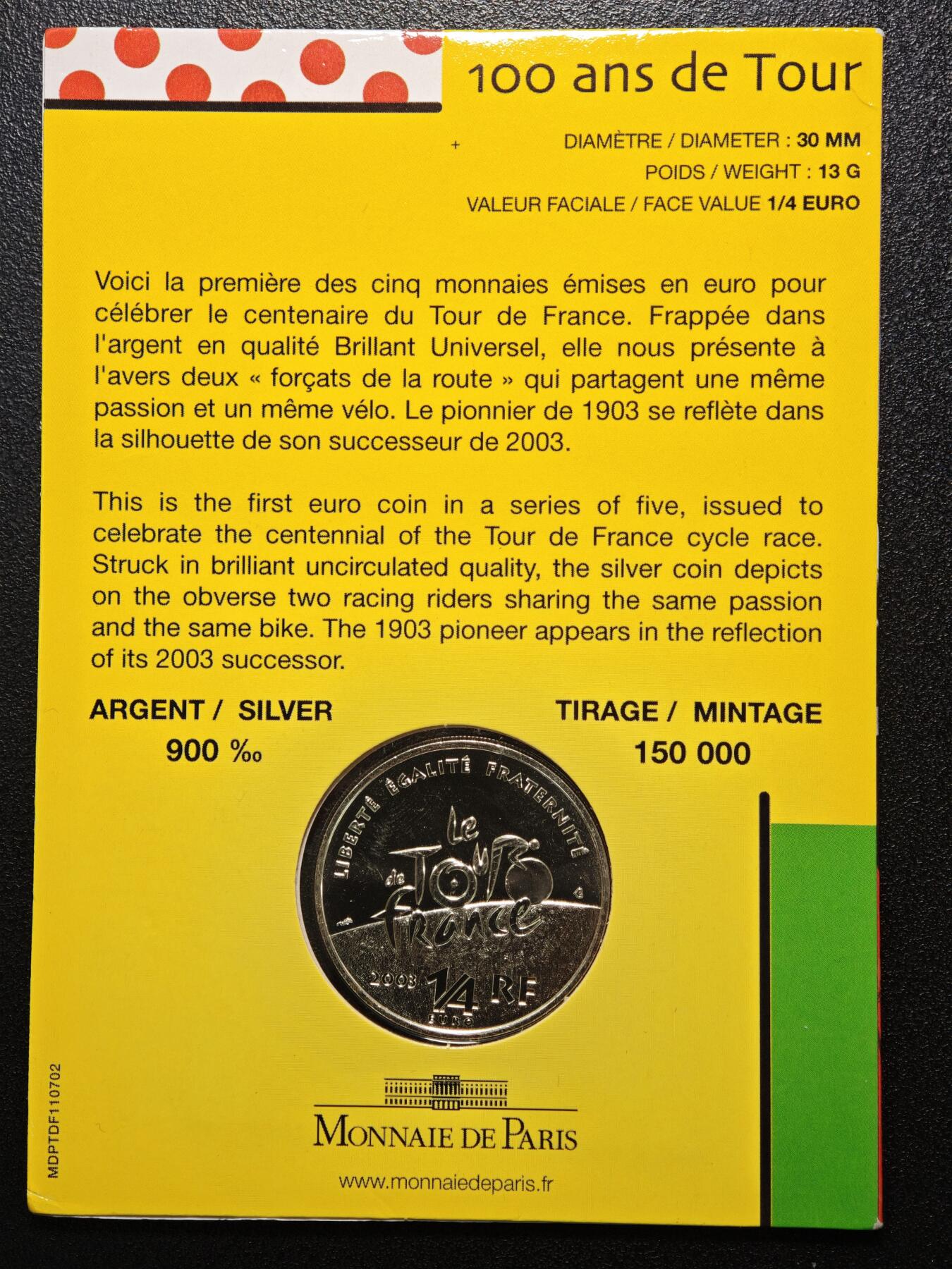 【德藏】世界币章拍卖第159期(元旦专场拍卖) 4枚一组 2003年 法国环法自行车赛百年纪念银币(2枚) 1998年 法国世界杯1法郎纪念币 1998年 日本长野冬奥会5000日元纪念银币 好品相