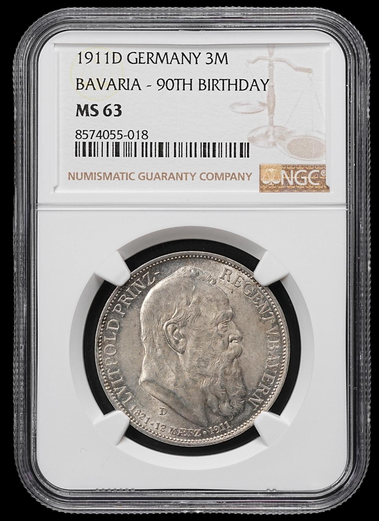 修遠堂世界钱币第九十九期 NGC MS63 1911年巴伐利亚摄政王90大寿纪念3马克银币