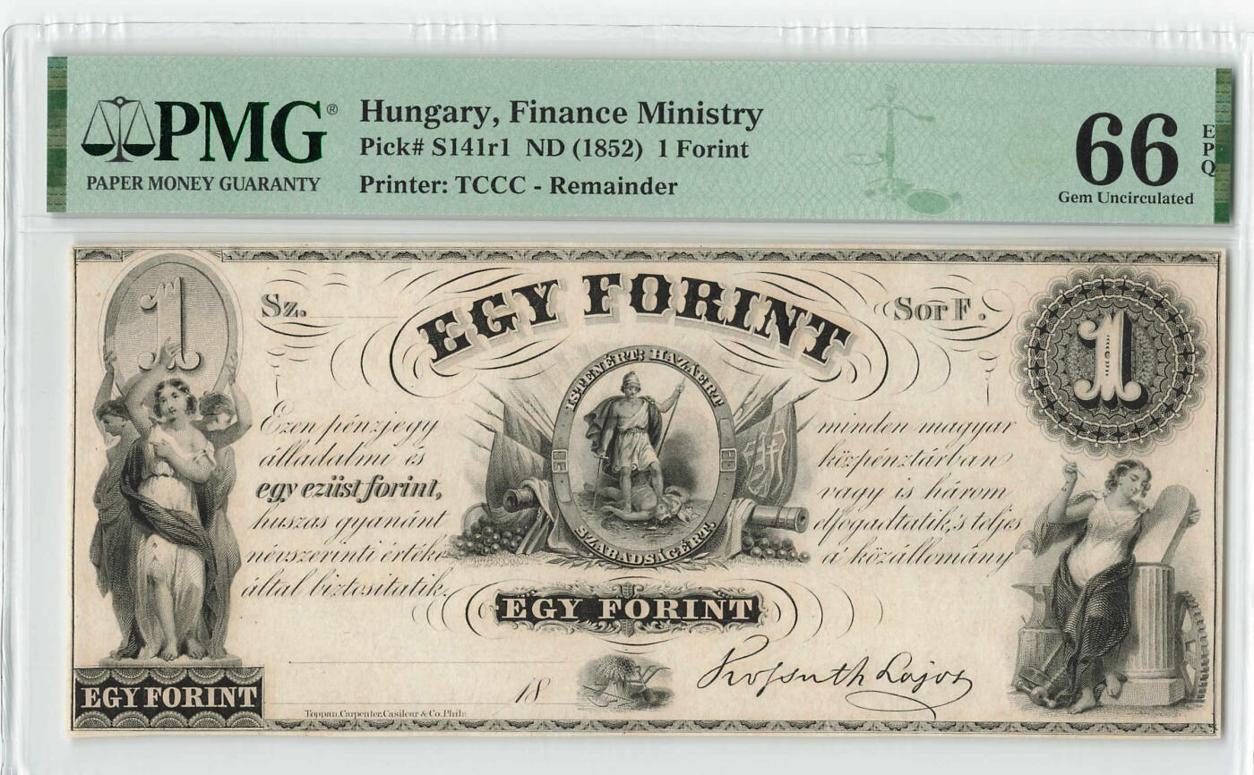 小福收藏拍卖第198期 评级币精选场  本期有菲律宾百位靓号100000比索超大纪念钞 苏里南25000盾花鸟版最高值 柬埔寨珍品56年50瑞尔 南越未发行版最高值打飞机  巴哈马彩背 老挝中国代印57年样钞 匈牙利 斯洛伐克 法罗群岛等多国精美高分珍稀老钞精品纸币 匈牙利 1852年 1福林 173年老钞 精美 PMG66 EPQ 冠军分！！！