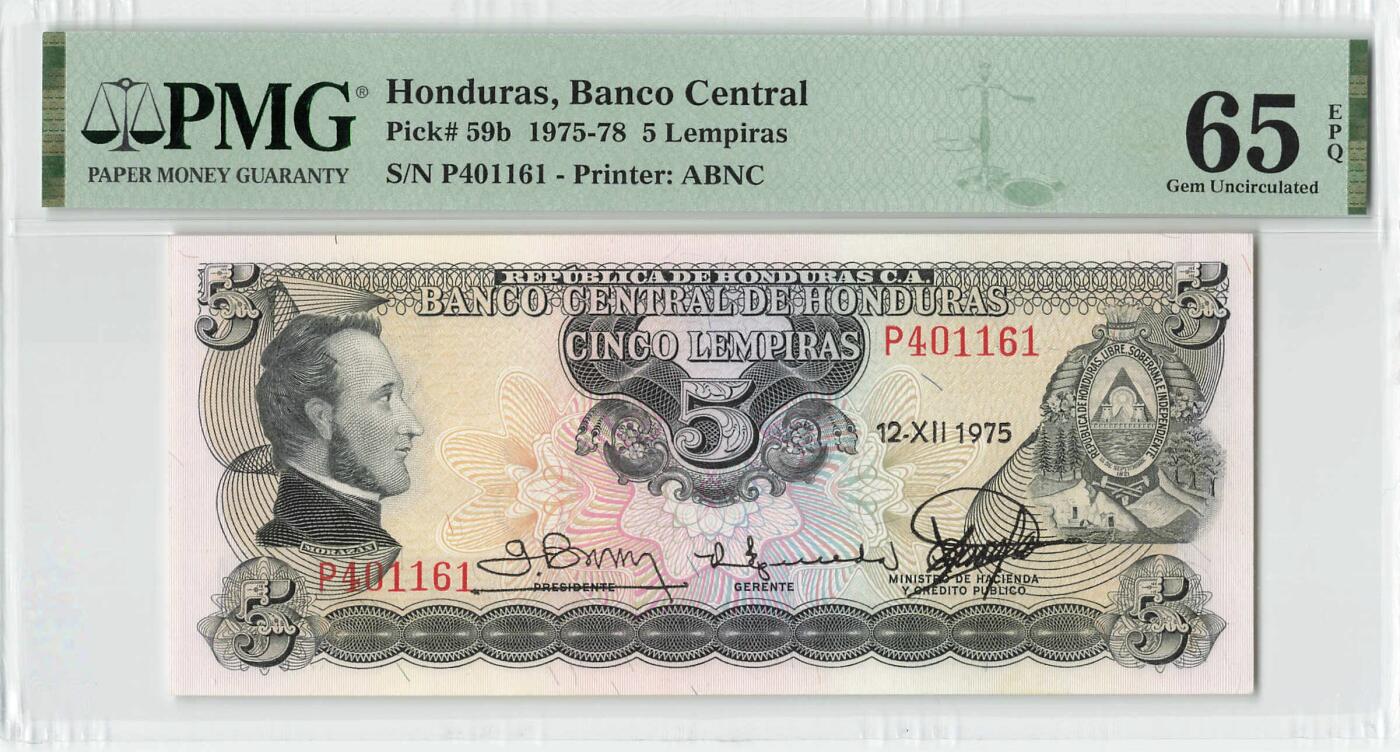 小福收藏拍卖第198期 评级币精选场  本期有菲律宾百位靓号100000比索超大纪念钞 苏里南25000盾花鸟版最高值 柬埔寨珍品56年50瑞尔 南越未发行版最高值打飞机  巴哈马彩背 老挝中国代印57年样钞 匈牙利 斯洛伐克 法罗群岛等多国精美高分珍稀老钞精品纸币 洪都拉斯 1975年 5 伦皮拉  进军特立尼达 PMG65 EPQ 季军分