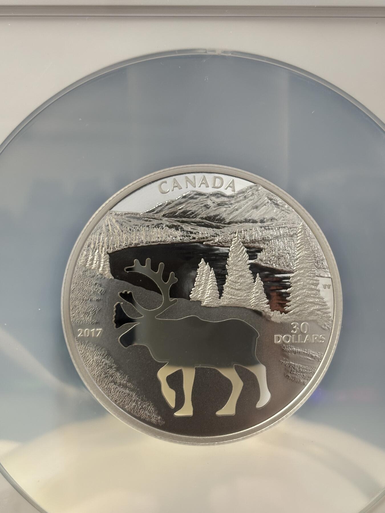 第186期拍卖 少见品种重量近2盎司加拿大2017年镂空剪影北美驯鹿NGC评级彩色早期标签69分精制银币9999银重52.88克直径54毫米