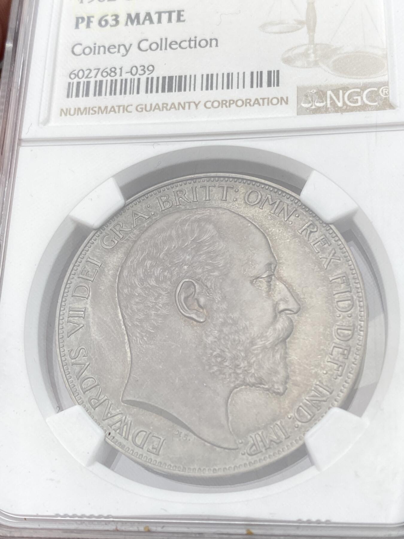 万国钱币拍卖第058期（万国新年大拍） NGC PF63 1902年英国爱德华七世马剑精制克朗 磨砂精制Matte工艺 原味酱彩素描质感