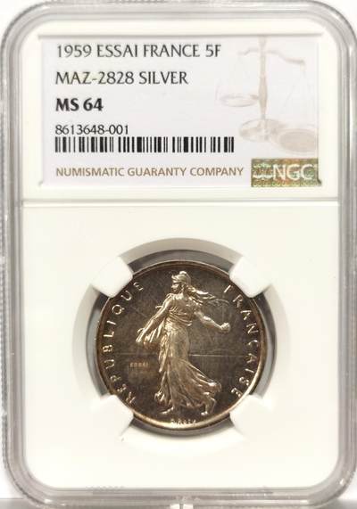 博洋堂世界钱币拍卖第154期（全场包邮） - NGC MS64 法国1959年播种女神5法郎银质样币，麦稀奇首见，仅有1枚更高分