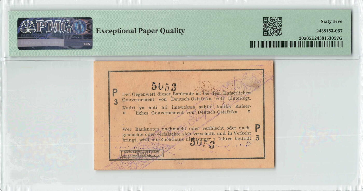 小福收藏拍卖第198期 评级币精选场  本期有菲律宾百位靓号100000比索超大纪念钞 苏里南25000盾花鸟版最高值 柬埔寨珍品56年50瑞尔 南越未发行版最高值打飞机  巴哈马彩背 老挝中国代印57年样钞 匈牙利 斯洛伐克 法罗群岛等多国精美高分珍稀老钞精品纸币 德属东非 1916年 1 Rupie 无47 难评分品种 PMG65 EPQ 亚军分（冠军分仅1枚）