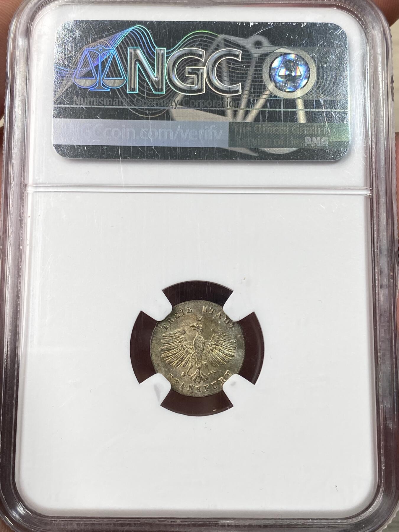 万国钱币拍卖第058期（万国新年大拍） NGC MS65 1839年德国法兰克福城市景观1克洛泽银币 可以说是最小的德系景观银币 小中见大的典范 BU深打近200年欧陆酱彩