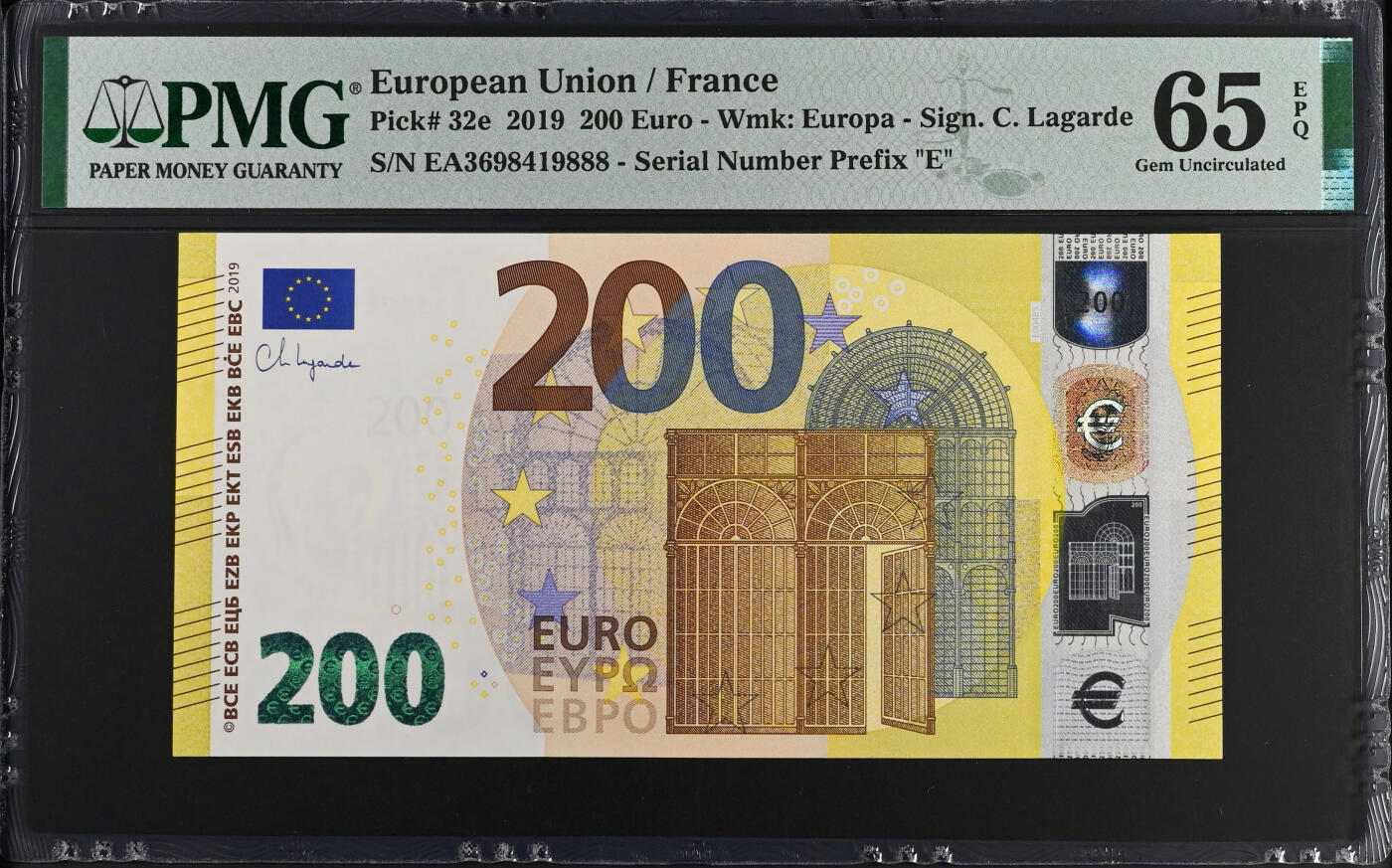 《艾美收藏》第226期-12.28周日外币精品场-蛇年收官 欧盟2019年四签法国版200欧元PMG65E豹子888 原票全新品相