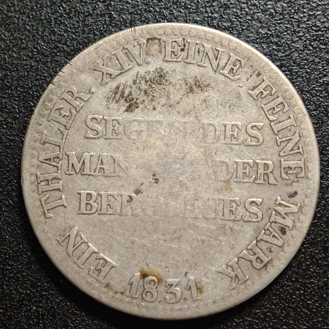 【德藏】世界币章拍卖第159期(元旦专场拍卖) 1831年 德国普鲁士威廉三世泰勒银币 直径约：34.2mm；重约：21.5g