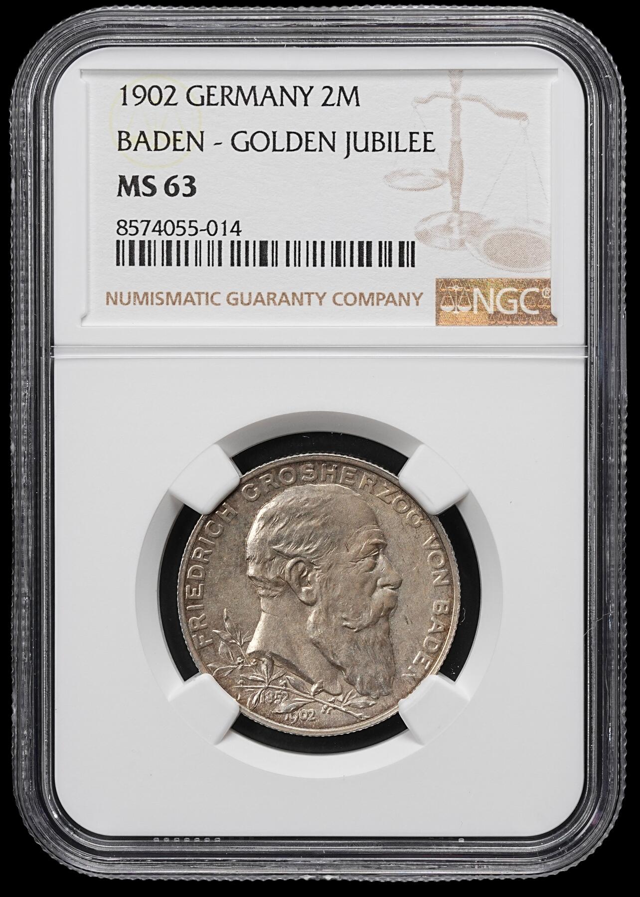 修遠堂世界钱币第九十九期 NGC MS63 1902年巴登大公执政50周年纪念2马克银币