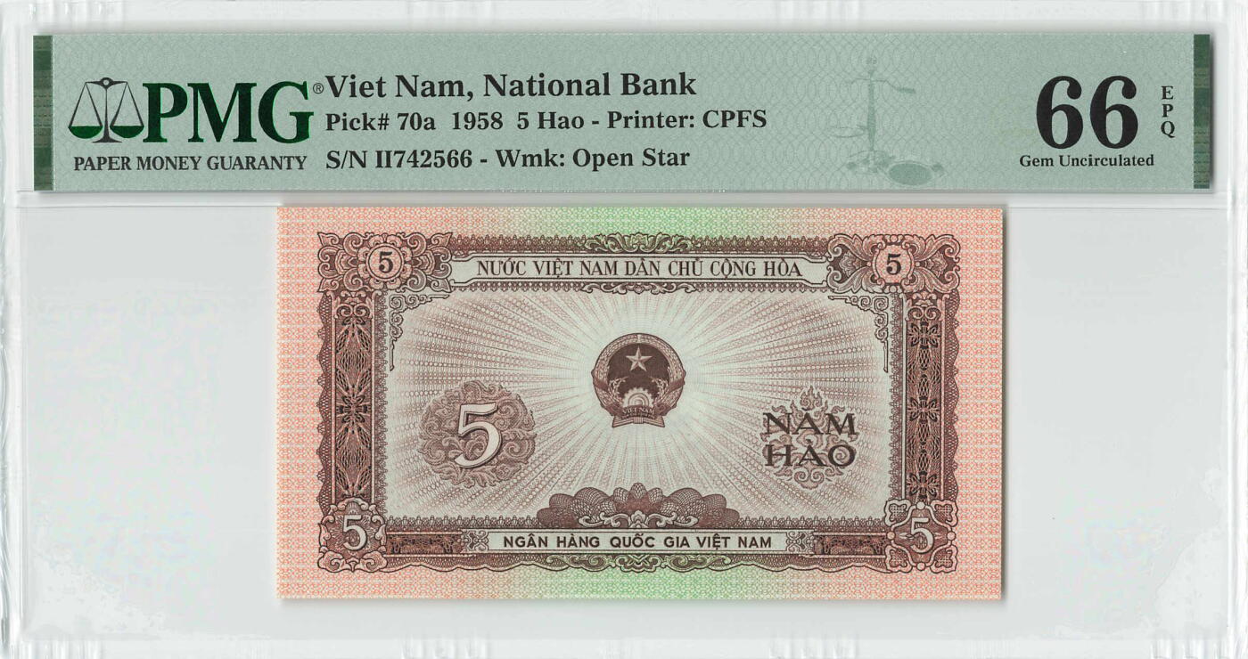 小福收藏拍卖第198期 评级币精选场  本期有菲律宾百位靓号100000比索超大纪念钞 苏里南25000盾花鸟版最高值 柬埔寨珍品56年50瑞尔 南越未发行版最高值打飞机  巴哈马彩背 老挝中国代印57年样钞 匈牙利 斯洛伐克 法罗群岛等多国精美高分珍稀老钞精品纸币 越南 1958年 5毫 中国代印 票胆 少见带E的好品相 双尾 PMG66 EPQ