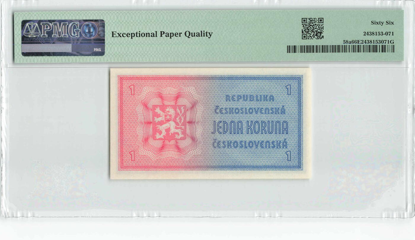 小福收藏拍卖第200期 【庆典场 中拍就有好礼相赠】评级币精选场 本期有捷克斯洛伐克20年100克朗慕夏作品大珍 69分倒置百位号布隆迪世界最大纸币  35年版加拿大经典 苏格兰格拉斯哥大学500年纪念钞倒置小号 卡塔尔80年100里亚尔冠军分 美国教育券 意大利拉斐尔 乌克兰 库克群岛 墨西哥 南斯拉夫 亚美尼亚等多国精美高分珍稀老钞精品纸币 捷克斯洛伐克 1946年 1克朗 实钞 PMG66 EPQ 季军分