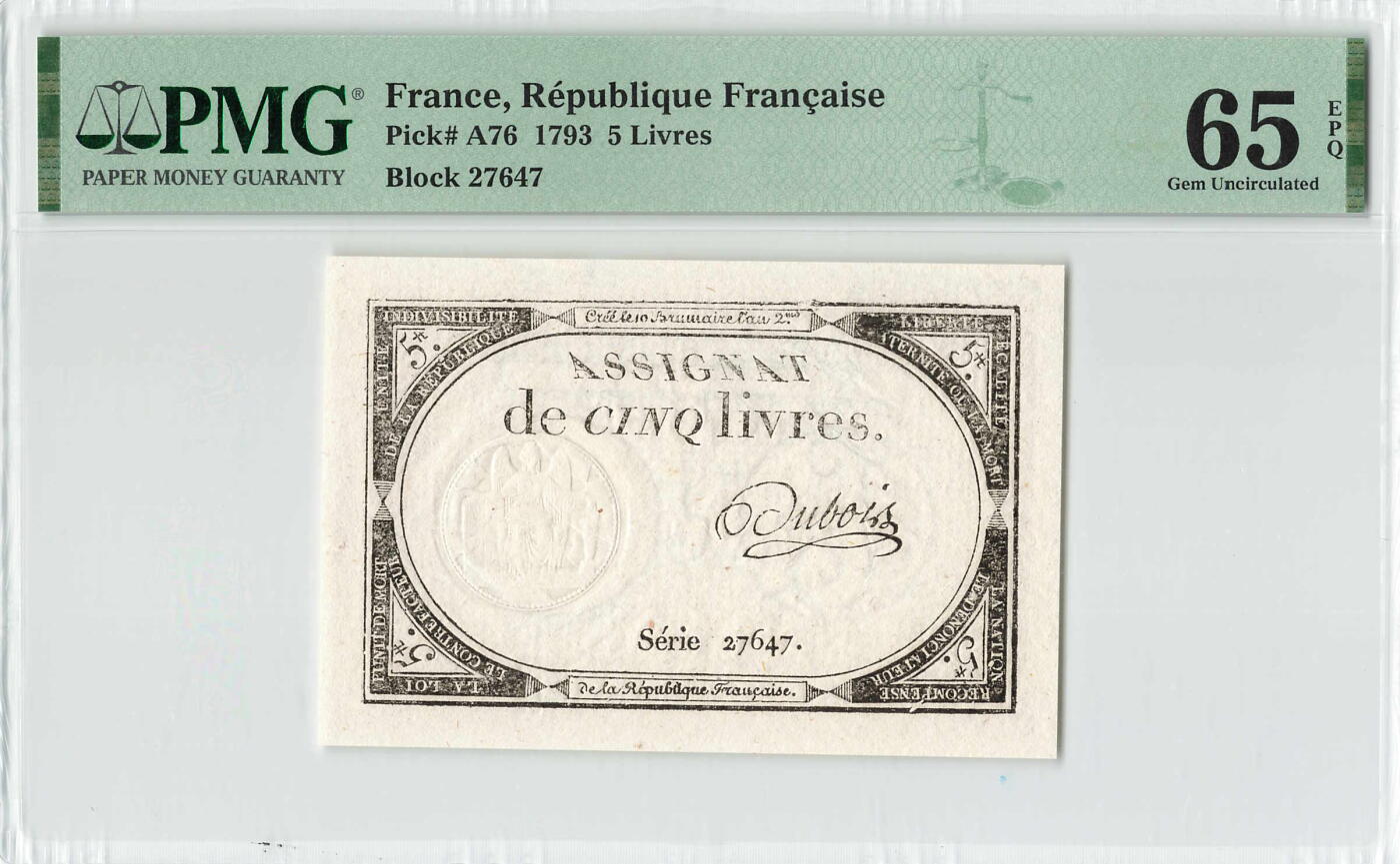 小福收藏拍卖第200期 【庆典场 中拍就有好礼相赠】评级币精选场 本期有捷克斯洛伐克20年100克朗慕夏作品大珍 69分倒置百位号布隆迪世界最大纸币  35年版加拿大经典 苏格兰格拉斯哥大学500年纪念钞倒置小号 卡塔尔80年100里亚尔冠军分 美国教育券 意大利拉斐尔 乌克兰 库克群岛 墨西哥 南斯拉夫 亚美尼亚等多国精美高分珍稀老钞精品纸币 法国 1793年 5 Livres PMG65 EPQ 亚军分