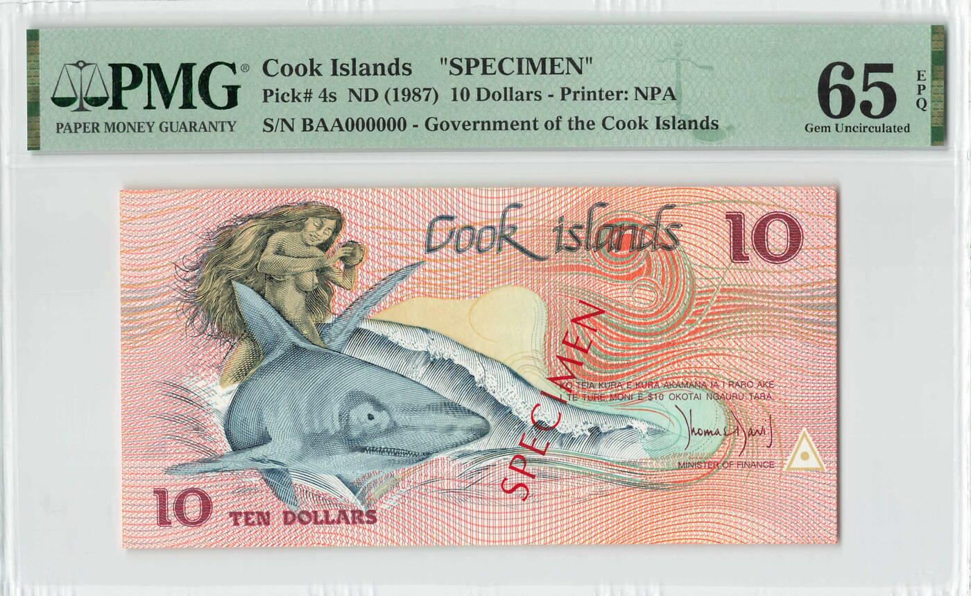 小福收藏拍卖第200期 【庆典场 中拍就有好礼相赠】评级币精选场 本期有捷克斯洛伐克20年100克朗慕夏作品大珍 69分倒置百位号布隆迪世界最大纸币  35年版加拿大经典 苏格兰格拉斯哥大学500年纪念钞倒置小号 卡塔尔80年100里亚尔冠军分 美国教育券 意大利拉斐尔 乌克兰 库克群岛 墨西哥 南斯拉夫 亚美尼亚等多国精美高分珍稀老钞精品纸币 库克群岛 1987年 10元 样钞 BAA冠 PMG65 EPQ 季军分