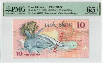 小福收藏拍卖第200期 【庆典场 中拍就有好礼相赠】评级币精选场 本期有捷克斯洛伐克20年100克朗慕夏作品大珍 69分倒置百位号布隆迪世界最大纸币  35年版加拿大经典 苏格兰格拉斯哥大学500年纪念钞倒置小号 卡塔尔80年100里亚尔冠军分 美国教育券 意大利拉斐尔 乌克兰 库克群岛 墨西哥 南斯拉夫 亚美尼亚等多国精美高分珍稀老钞精品纸币 - 库克群岛 1987年 10元 样钞 BAA冠 PMG65 EPQ 季军分