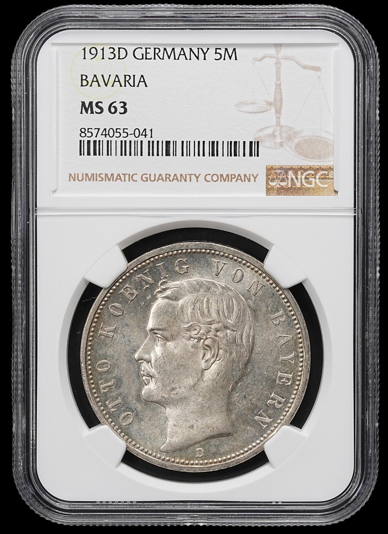 修遠堂世界钱币第九十九期 NGC MS63 1913年巴伐利亚5马克大银币 流通版5马克MS少见