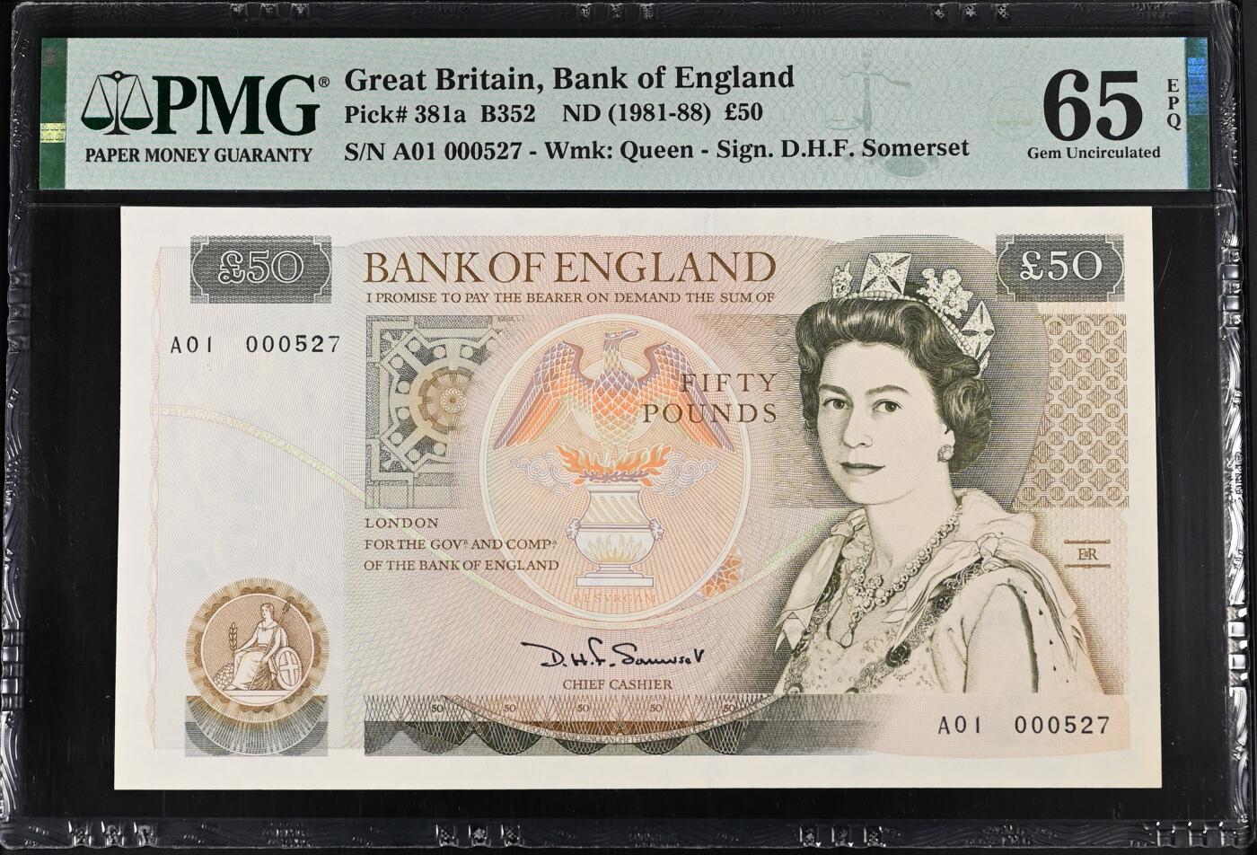 《艾美收藏》第226期-12.28周日外币精品场-蛇年收官 英国D序列1981年A01冠50镑最高值PMG65E少见百位527号原票全新品相 D.H.F. Somerset签名 Pick#381a