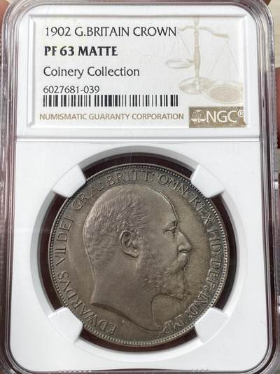 万国钱币拍卖第058期（万国新年大拍） - NGC PF63 1902年英国爱德华七世马剑精制克朗 磨砂精制Matte工艺 原味酱彩素描质感