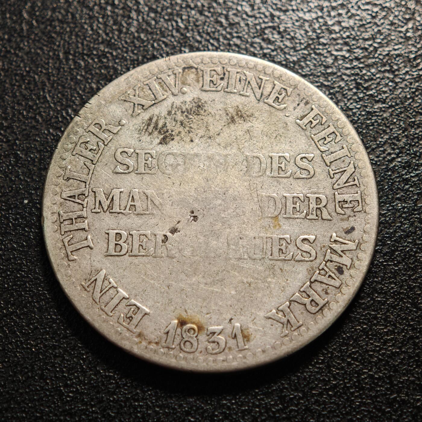 【德藏】世界币章拍卖第159期(元旦专场拍卖) 1831年 德国普鲁士威廉三世泰勒银币 直径约：34.2mm；重约：21.5g