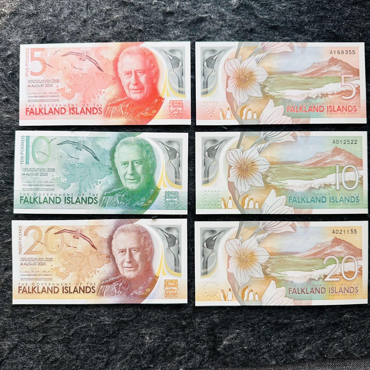 🇫🇯🇫🇰2530￥￥福克兰群岛2025年和斐济2026年全套Polymer塑料钞 福克兰群岛2025年5-10-20镑塑料钞，无47+双尾（355-522-155）