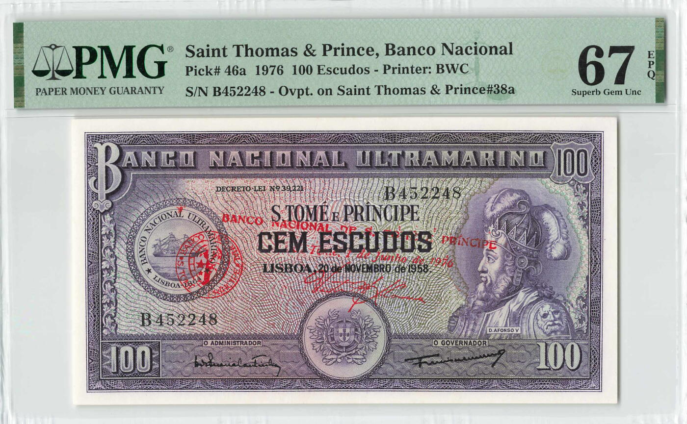 小福收藏拍卖第200期 【庆典场 中拍就有好礼相赠】评级币精选场 本期有捷克斯洛伐克20年100克朗慕夏作品大珍 69分倒置百位号布隆迪世界最大纸币  35年版加拿大经典 苏格兰格拉斯哥大学500年纪念钞倒置小号 卡塔尔80年100里亚尔冠军分 美国教育券 意大利拉斐尔 乌克兰 库克群岛 墨西哥 南斯拉夫 亚美尼亚等多国精美高分珍稀老钞精品纸币 圣多美和普林西比 1976年 100埃斯库多 尾8 a版 PMG67 EPQ 唯1冠军分！！！