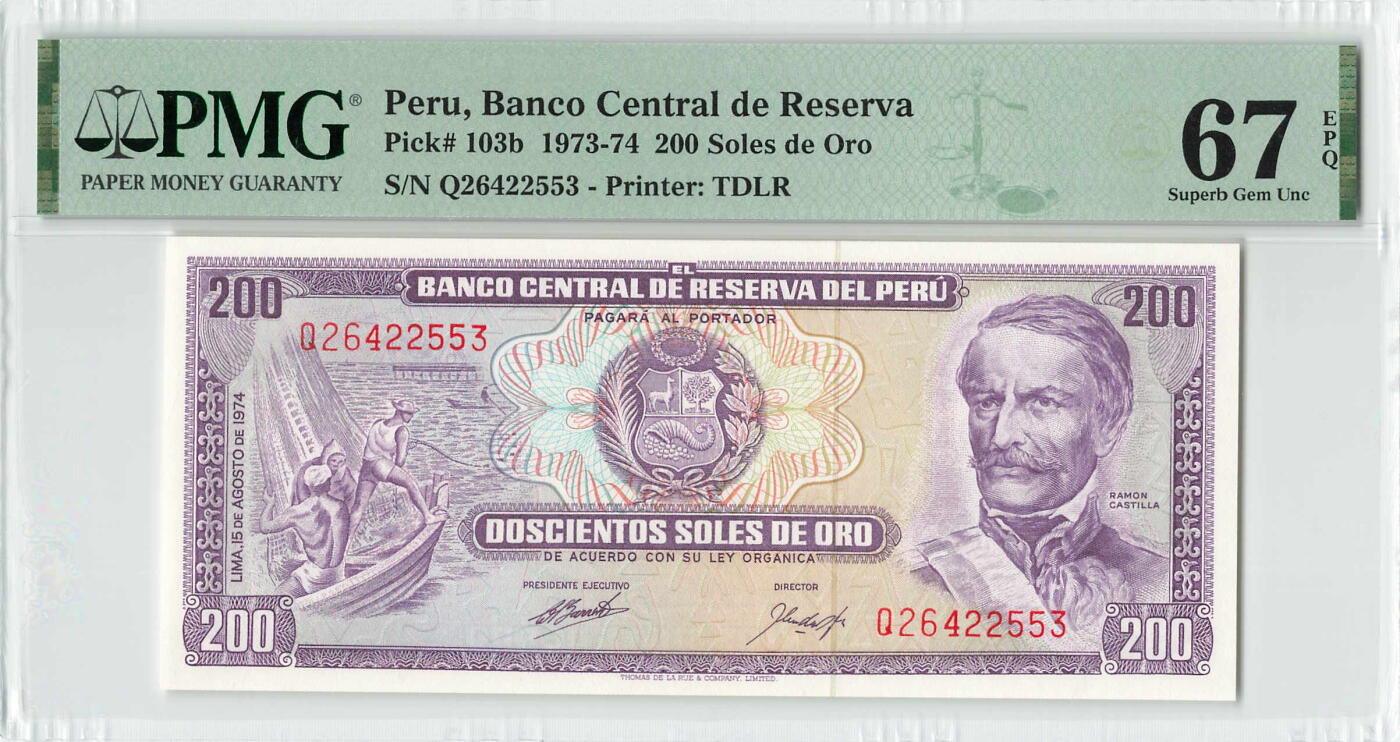 小福收藏拍卖第200期 【庆典场 中拍就有好礼相赠】评级币精选场 本期有捷克斯洛伐克20年100克朗慕夏作品大珍 69分倒置百位号布隆迪世界最大纸币  35年版加拿大经典 苏格兰格拉斯哥大学500年纪念钞倒置小号 卡塔尔80年100里亚尔冠军分 美国教育券 意大利拉斐尔 乌克兰 库克群岛 墨西哥 南斯拉夫 亚美尼亚等多国精美高分珍稀老钞精品纸币 秘鲁 1974年 200索尔 很少见版本 PMG67 EPQ 唯2亚军分（冠军分仅2枚）