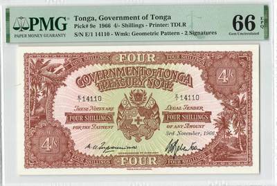 小福收藏拍卖第200期 【庆典场 中拍就有好礼相赠】评级币精选场 本期有捷克斯洛伐克20年100克朗慕夏作品大珍 69分倒置百位号布隆迪世界最大纸币  35年版加拿大经典 苏格兰格拉斯哥大学500年纪念钞倒置小号 卡塔尔80年100里亚尔冠军分 美国教育券 意大利拉斐尔 乌克兰 库克群岛 墨西哥 南斯拉夫 亚美尼亚等多国精美高分珍稀老钞精品纸币 - 汤加 1966年 4先令 数3 PMG66 EPQ 亚军分