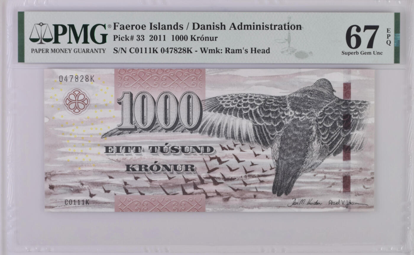 《艾美收藏》第226期-12.28周日外币精品场-蛇年收官 法罗群岛2011年1000克朗最高值PMG67E尾8 IBNS获奖钞粗线版 经典大鹏展翅