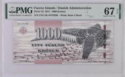 《艾美收藏》第226期-12.28周日外币精品场-蛇年收官 - 法罗群岛2011年1000克朗最高值PMG67E尾8 IBNS获奖钞粗线版 经典大鹏展翅
