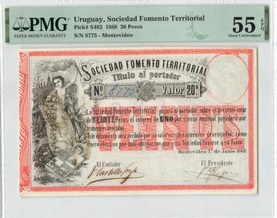 小福收藏拍卖第200期 【庆典场 中拍就有好礼相赠】评级币精选场 本期有捷克斯洛伐克20年100克朗慕夏作品大珍 69分倒置百位号布隆迪世界最大纸币  35年版加拿大经典 苏格兰格拉斯哥大学500年纪念钞倒置小号 卡塔尔80年100里亚尔冠军分 美国教育券 意大利拉斐尔 乌克兰 库克群岛 墨西哥 南斯拉夫 亚美尼亚等多国精美高分珍稀老钞精品纸币 - 乌拉圭 1868年 20比索 157年老钞 很少见 手写8775号 PMG55 EPQ 季军分