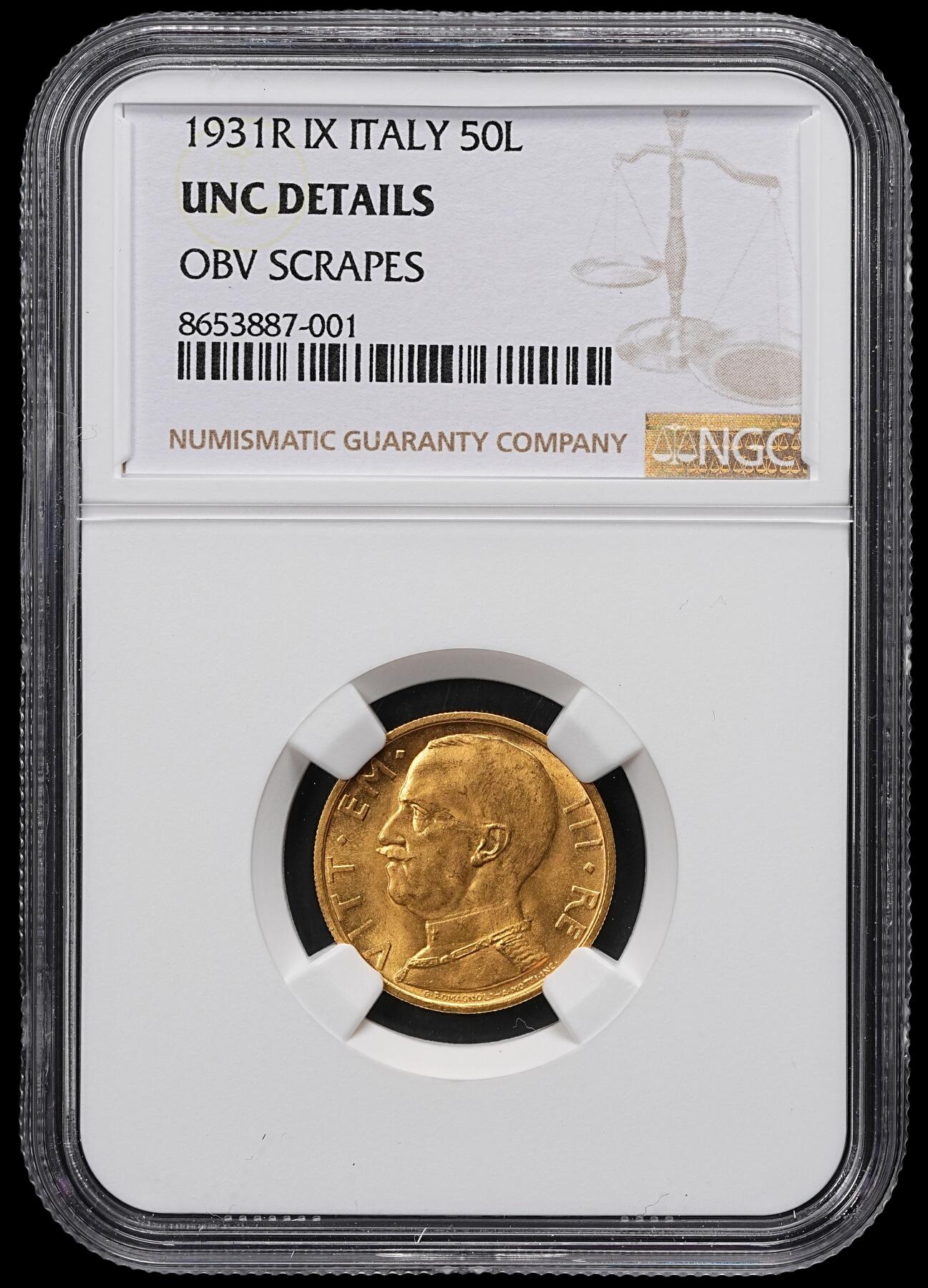 修遠堂世界钱币第九十九期 NGC UNCD 1931年意大利50里拉金币 人像脸上轻微刮伤 再送有可能出分，64分的底板，4.40g，含金90%，仅铸造19750枚