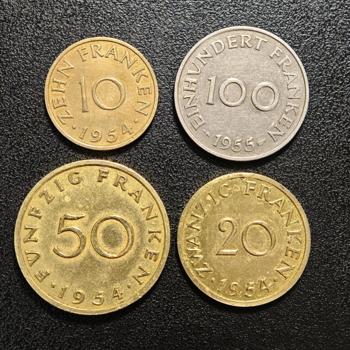 【德藏】世界币章拍卖第159期(元旦专场拍卖) 4枚一组 1954-55年 萨尔地区10、20、50、100萨尔法郎铜币及镍币 好品相