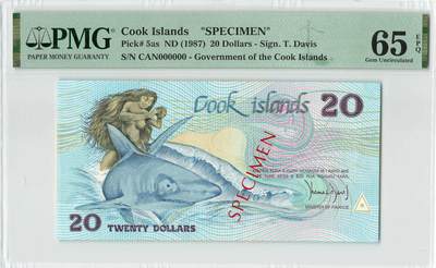 小福收藏拍卖第200期 【庆典场 中拍就有好礼相赠】评级币精选场 本期有捷克斯洛伐克20年100克朗慕夏作品大珍 69分倒置百位号布隆迪世界最大纸币  35年版加拿大经典 苏格兰格拉斯哥大学500年纪念钞倒置小号 卡塔尔80年100里亚尔冠军分 美国教育券 意大利拉斐尔 乌克兰 库克群岛 墨西哥 南斯拉夫 亚美尼亚等多国精美高分珍稀老钞精品纸币 - 库克群岛 1987年 20元 样钞 PMG65 EPQ 季军分