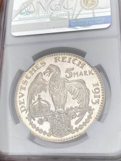 万国钱币拍卖第058期（万国新年大拍） NGC PF64CAM 1913年德国巴伐利亚路德维希三世5马克镀银样币 卡尔哥茨作品 难得CAM高浮雕镜面喷砂状态 典藏级品质