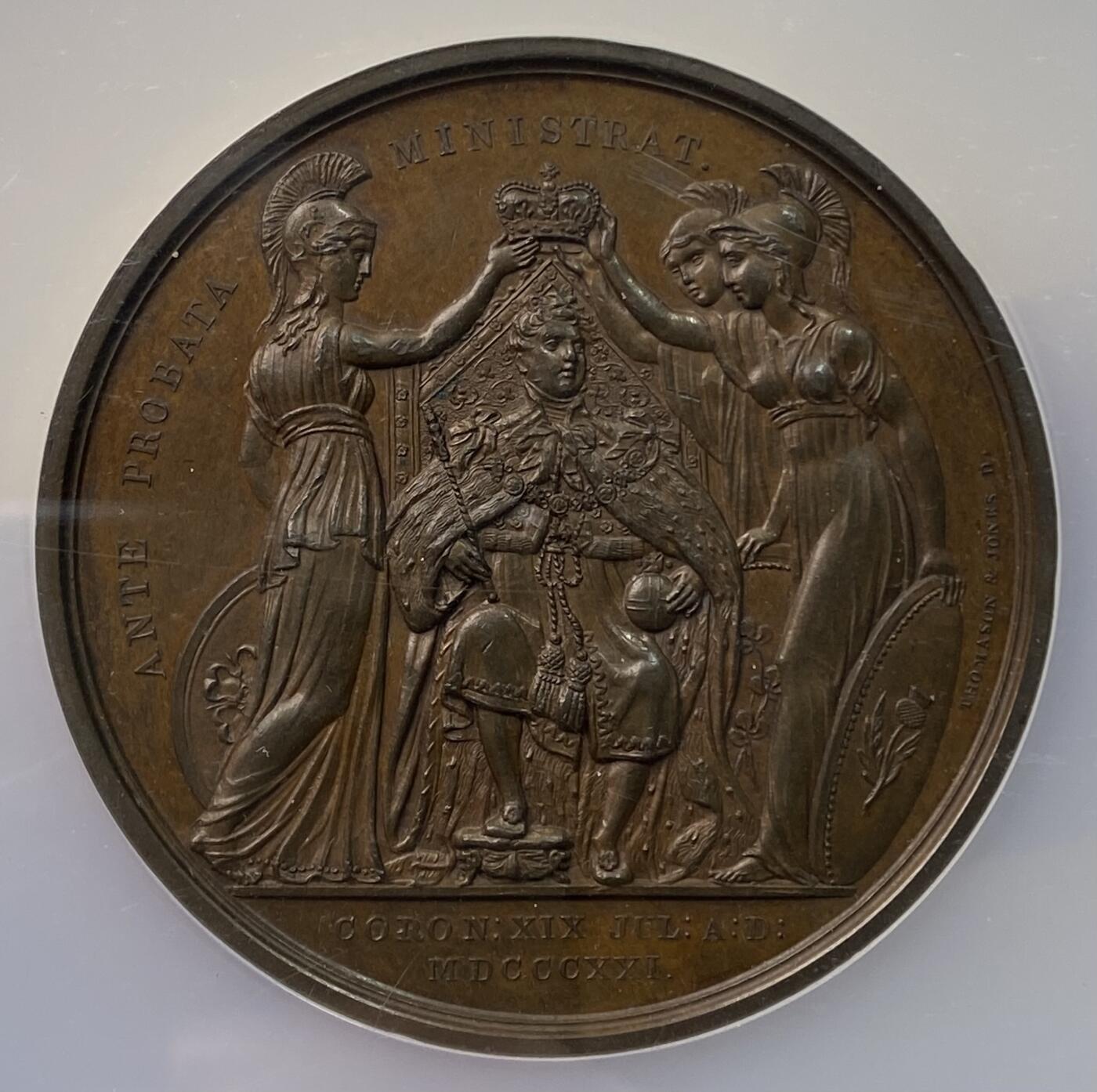 万国钱币拍卖第058期（万国新年大拍） NGC MS63 1821年英国乔治四世克承大统加冕为大不列颠及爱尔兰联合王国及汉诺威国王纪念大铜章 少见巨型大规格版式 高浮雕不列颠三女神为乔四献上桂冠 NGC老盒难得