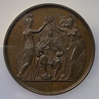 万国钱币拍卖第058期（万国新年大拍） NGC MS63 1821年英国乔治四世克承大统加冕为大不列颠及爱尔兰联合王国及汉诺威国王纪念大铜章 少见巨型大规格版式 高浮雕不列颠三女神为乔四献上桂冠 NGC老盒难得