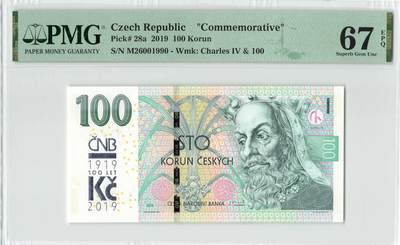 小福收藏拍卖第198期 评级币精选场  本期有菲律宾百位靓号100000比索超大纪念钞 苏里南25000盾花鸟版最高值 柬埔寨珍品56年50瑞尔 南越未发行版最高值打飞机  巴哈马彩背 老挝中国代印57年样钞 匈牙利 斯洛伐克 法罗群岛等多国精美高分珍稀老钞精品纸币 - 捷克 2019年 100克朗 纪念钞 无47 尾年代号1990 PMG67 EPQ 亚军分